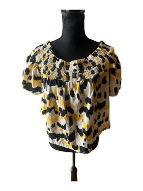 Who What Wear Smocked Off-Shoulder Floral Top White Black Yellow Size M Boho